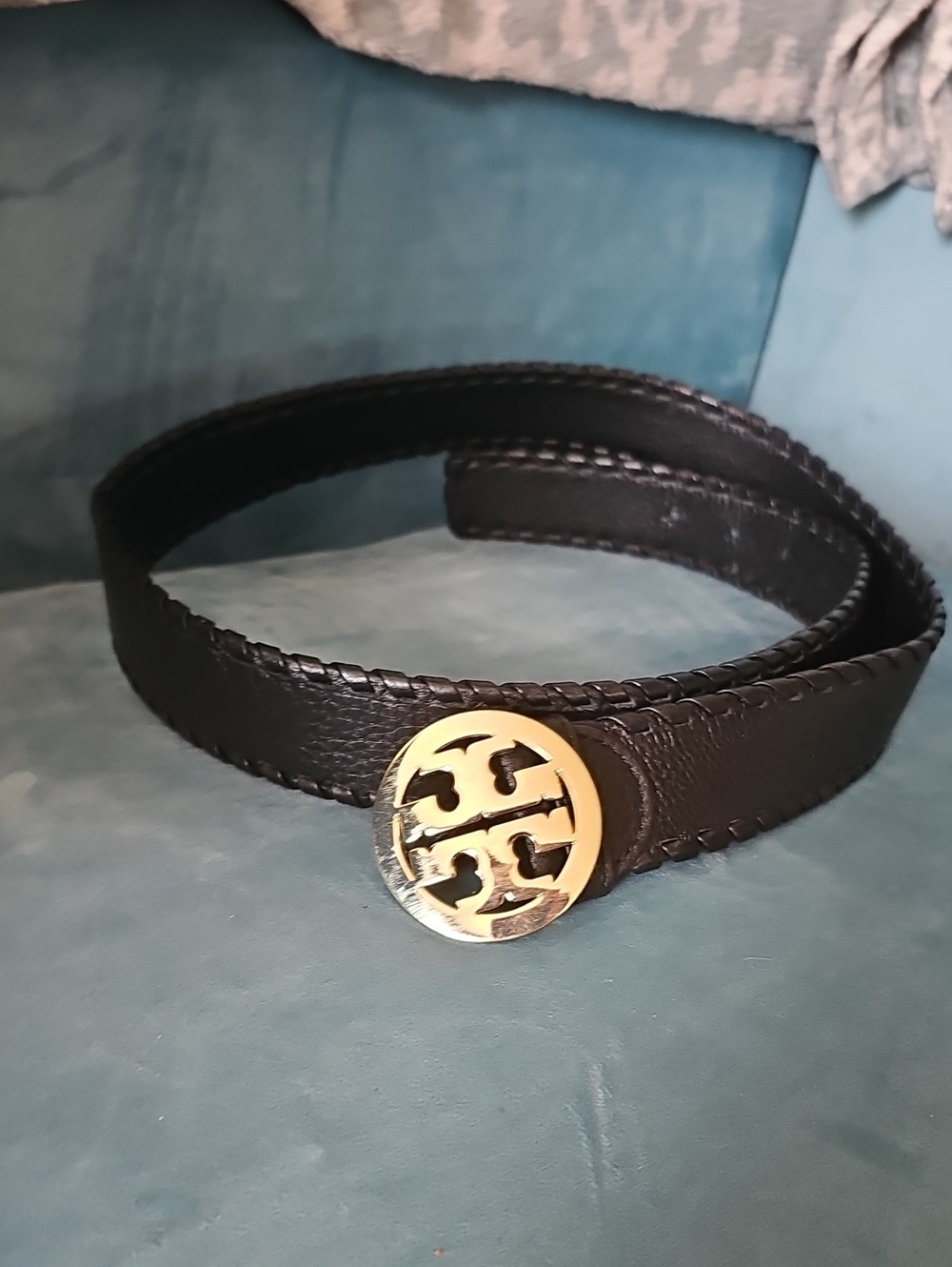 Tory Burch Black Leather Belt Gold Logo Buckle Woven Edge Made In Italy Size L